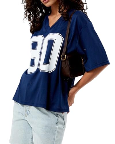 Damen Y2K Basketball-T-Shirt, kurzärmelig, V-Ausschnitt, Zahlendruck, übergroßes T-Shirt, lockeres Blokecore-Jersey, Shirt, ästhetische Streetwear, Dunkelblau B, L von Felcia