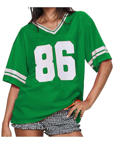 Damen Y2K Basketball-T-Shirt, kurzärmelig, V-Ausschnitt, Zahlendruck, übergroßes T-Shirt, lockeres Blokecore-Jersey, Shirt, ästhetische Streetwear, Dunkelgrün H, S von Felcia
