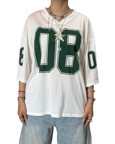 Damen Y2K Basketball-T-Shirt, kurzärmelig, V-Ausschnitt, Zahlendruck, übergroßes T-Shirt, lockeres Blokecore-Jersey, Shirt, ästhetische Streetwear, Weiß Q, M Damen Y2K Basketball-T-Shirt, kurzärmelig, V-Ausschnitt, Zahlendruck, übergroßes T-Shirt, lockeres Blokecore-Jersey, Shirt, ästhetische Streetwear, Weiß Q, M von Felcia