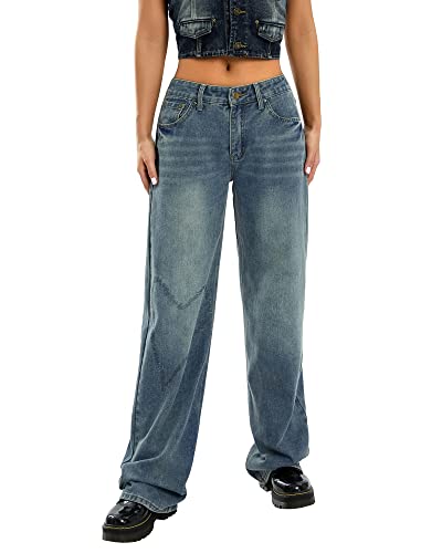 Damen Y2K Hohe Taille Hose Weites Bein Denim Jeans Gerade Casual Lose Baggy Hose Vintage E-Girl Streetwear .., K-blau, L von Felcia