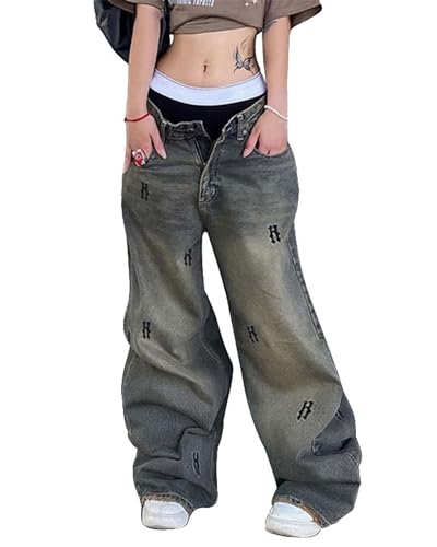 Damen Y2K Hohe Taille Hosen Weites Bein Denim Jeans Gerade Lässige Lose Baggy Hosen Vintage E-Girl Streetwear, L-blau, L von Felcia