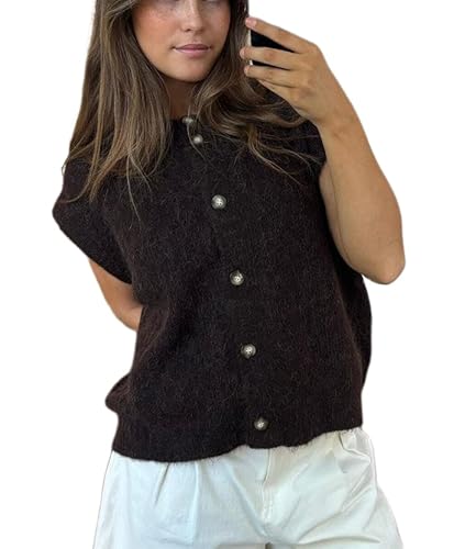 Damen Y2K Strickweste Elegant Ärmellos Weste Tops mit Taschen Herbst Häkeln Ausgehen Sweater Weste, C-Dunkelbraun, L von Felcia