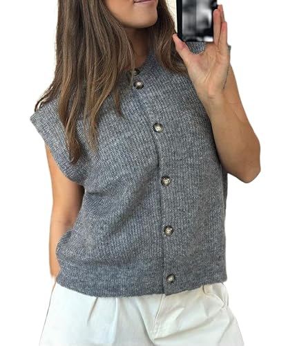 Damen Y2K Strickweste Elegant Ärmellos Weste Tops mit Taschen Herbst Häkeln Ausgehen Sweater Weste, C-grau, L von Felcia