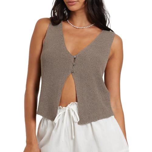 Damen Y2K Strickweste Elegant Ärmellos Weste Tops mit Taschen Herbst Häkeln Ausgehen Sweater Weste, D-Kaffee, S von Felcia