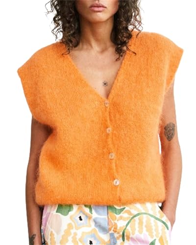 Damen Y2K Strickweste Elegant Ärmellos Weste Tops mit Taschen Herbst Häkeln Ausgehen Sweater Weste, E-Orange, S von Felcia