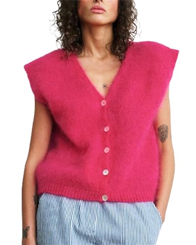 Damen Y2K Strickweste Elegant Ärmellos Weste Tops mit Taschen Herbst Häkeln Ausgehen Sweater Weste, E-Rose Red, S von Felcia