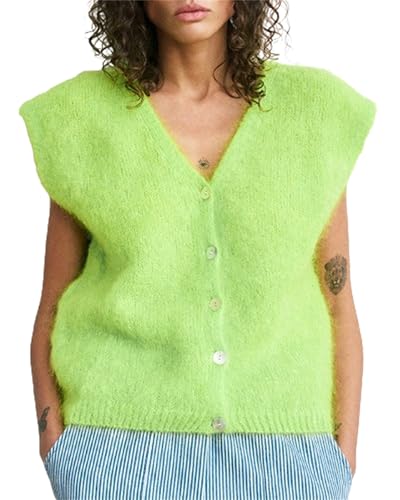 Damen Y2K Strickweste Elegant Ärmellos Weste Tops mit Taschen Herbst Häkeln Ausgehen Sweater Weste, E-fluoreszierendes Grün, S von Felcia