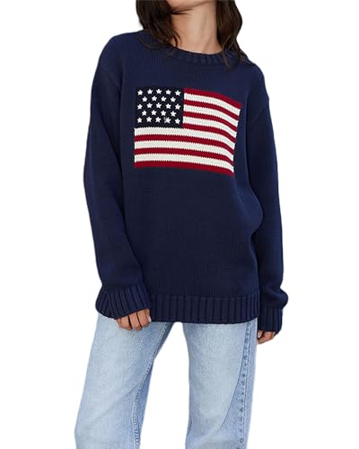 Damen Y2K Vintage Oversized Sweater Langarm Rundhalsausschnitt USA-Flagge Strickpullover Amerikanische Flagge Chunky Cable Preppy Strickwaren Top, Marineblau B, S von Felcia
