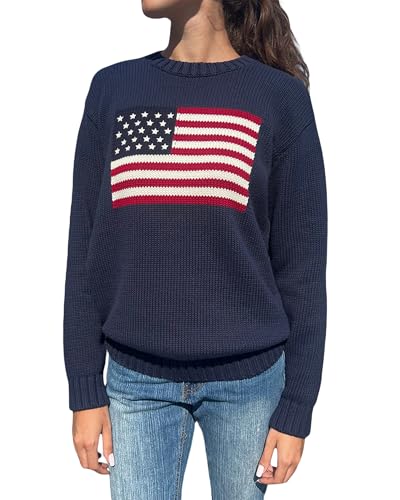 Damen Y2K Vintage Oversized Sweater Langarm Rundhalsausschnitt USA-Flagge Strickpullover Amerikanische Flagge Chunky Cable Preppy Strickwaren Top, Marineblau C, S von Felcia