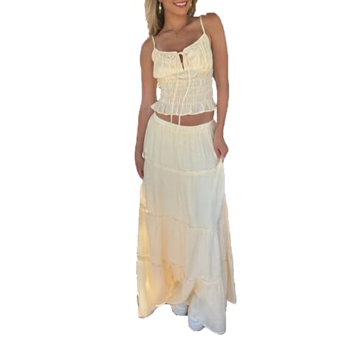 Felcia 2-teiliges Maxirock-Set für Damen, elegantes Spaghettiträger-Set, Tank-Tops und fließender langer Rock, Sommer-Strand-Outfits, B-Hellgelb, 42 von Felcia