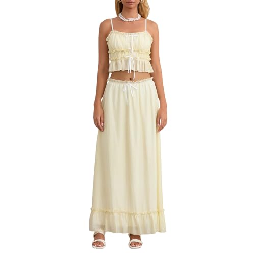 Felcia 2-teiliges Maxirock-Set für Damen, elegantes Spaghettiträger-Set, Tank-Tops und fließender langer Rock, Sommer-Strand-Outfits, C-Elfenbein, 42 von Felcia