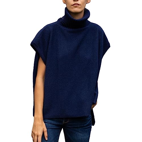 Felcia Damen Ärmellose Pullover Casual Stricken Breite Schulter Tank Tops Pullover Stilvolle Vintage Rollkragenpullover Streetwear, A-Marineblau, M von Felcia