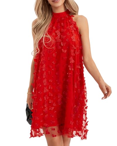 Felcia Damen Abendkleid Party Kleid Schmetterling Applikationen Mesh Overlay Neckholder Kleid Ärmellos Sommer Cocktail Minikleid, rot (a), M von Felcia