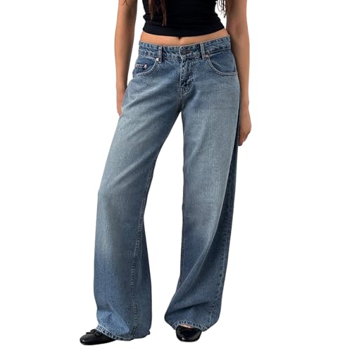 Felcia Damen Baggy-Jeans, Vintage, niedrige Taille, gerades Bein, leger, lockere Denim-Hose mit Taschen, Y2K, Streetwear, G-Blue, XS von Felcia