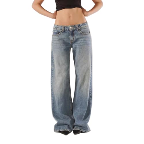 Felcia Damen Baggy-Jeans, Vintage, niedrige Taille, gerades Bein, leger, lockere Denim-Hose mit Taschen, Y2K, Streetwear, S-Blue, S Felcia Damen Baggy-Jeans, Vintage, niedrige Taille, gerades Bein, leger, lockere Denim-Hose mit Taschen, Y2K, Streetwear, S-Blue, S von Felcia