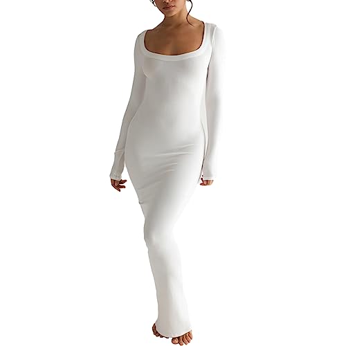 Felcia Damen Bodycon Langes Kleid Casual Rundhals Langarm Eng Ausgehen Maxikleid Cocktail Party Club Kleid, A-weiß, L von Felcia
