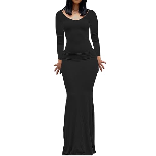 Felcia Damen Bodycon Langes Kleid Casual Rundhals Langarm Eng Ausgehen Maxikleid Cocktail Party Club Kleid, B-schwarz, X-Small von Felcia