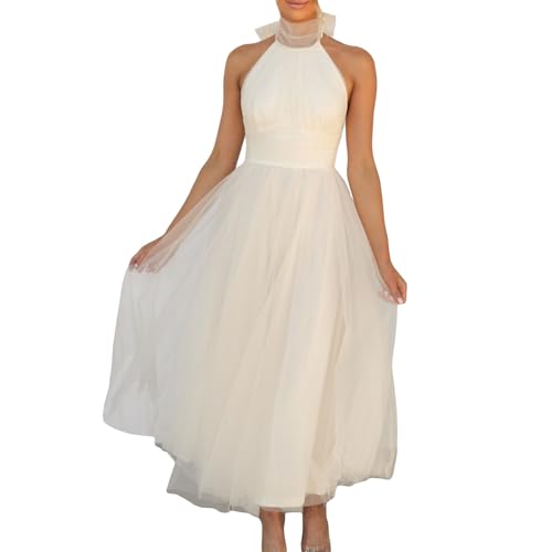 Felcia Damen Bodycon Maxikleid Neckholder Rückenfrei Hohe Taille A Linie Kleid Elegant Abend Cocktail Party Hochzeit Tüllkleid, A-Cremeweiß, Small von Felcia