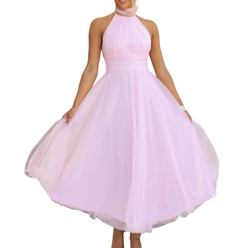 Felcia Damen Bodycon Maxikleid Neckholder Rückenfrei Hohe Taille A Linie Kleid Elegant Abend Cocktail Party Hochzeit Tüllkleid, A-Pink, L von Felcia
