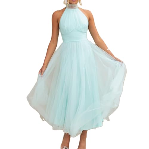 Felcia Damen Bodycon Maxikleid Neckholder Rückenfrei Hohe Taille A Linie Kleid Elegant Abend Cocktail Party Hochzeit Tüllkleid, A-light blue, X-Large von Felcia