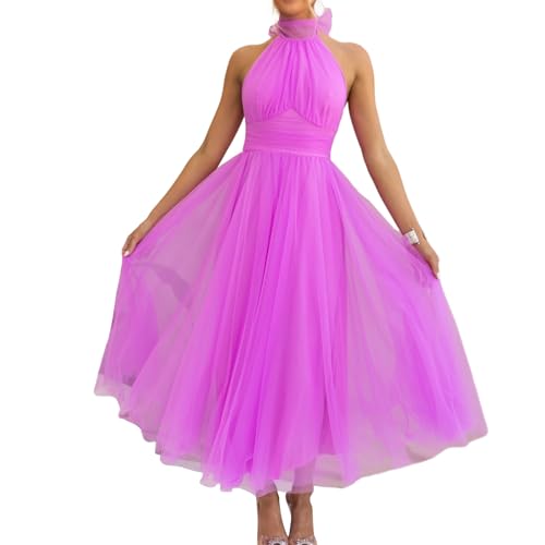 Felcia Damen Bodycon Maxikleid Neckholder Rückenfrei Hohe Taille A Linie Kleid Elegant Abend Cocktail Party Hochzeit Tüllkleid, A-purple, L von Felcia