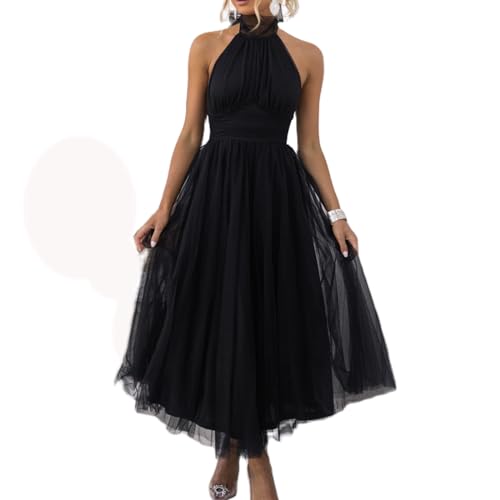 Felcia Damen Bodycon Maxikleid Neckholder Rückenfrei Hohe Taille A Linie Kleid Elegant Abend Cocktail Party Hochzeit Tüllkleid, A-schwarz, X-Large von Felcia