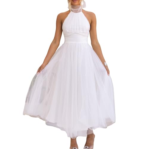 Felcia Damen Bodycon Maxikleid Neckholder Rückenfrei Hohe Taille A Linie Kleid Elegant Abend Cocktail Party Hochzeit Tüllkleid, A-weiß, L von Felcia