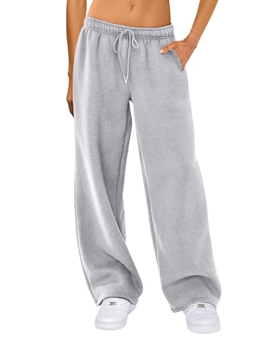 Felcia Damen Casual Jogger Sweatpants Kordelzug Hohe Taille Weites Bein Hose Baggy Athletic Sweatpants, A-grau, S von Felcia