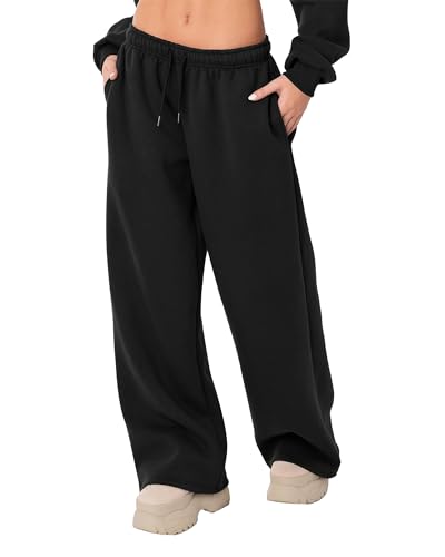 Felcia Damen Casual Jogger Sweatpants Kordelzug Hohe Taille Weites Bein Hose Baggy Athletic Sweatpants, A-schwarz, S von Felcia
