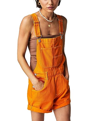 Felcia Damen Denim Bib Overalls Verstellbare Träger Tasche Strampler Shorts Lässig Gerollte Manschette Kurz Jumpsuit, A-Orange, 38 von Felcia