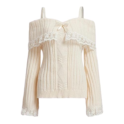 Felcia Damen Elegant Schulterfrei Pullover Y2k Kawaii Spitzenbesatz Langarm Zopfmuster Sweater Pullover Streetwear Ästhetische Kleidung, A-weiß, S von Felcia
