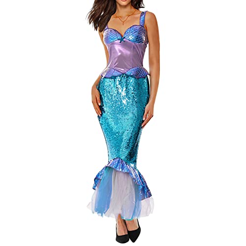 Felcia Damen Halloween Meerjungfrau Kostüm Slim Fit Pailletten Langes Kleid Cosplay Verkleidung Foto Requisiten Erwachsene Kostüme (A-Lila Blau, L) von Felcia