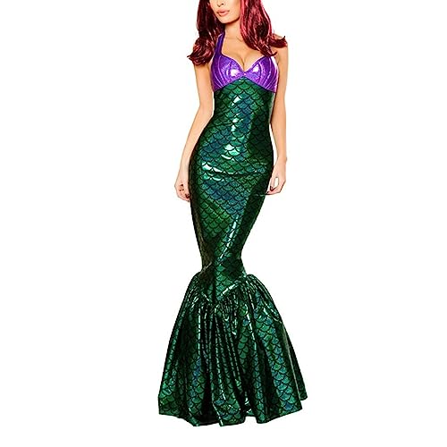Felcia Damen Halloween Meerjungfrau Kostüm Slim Fit Pailletten Langes Kleid Cosplay Verkleidung Foto Requisiten Erwachsenenkostüme (B-Grün, XL) von Felcia