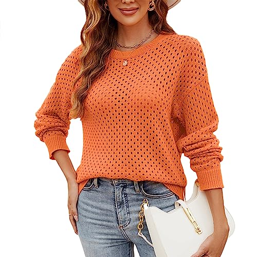 Felcia Damen Hollow Out Crochet Knit Sweater Casual Langarm Rundhals Pullover Tops Y2K Streetwear, A-Orange, S Felcia Damen Hollow Out Crochet Knit Sweater Casual Langarm Rundhals Pullover Tops Y2K Streetwear, A-Orange, S von Felcia