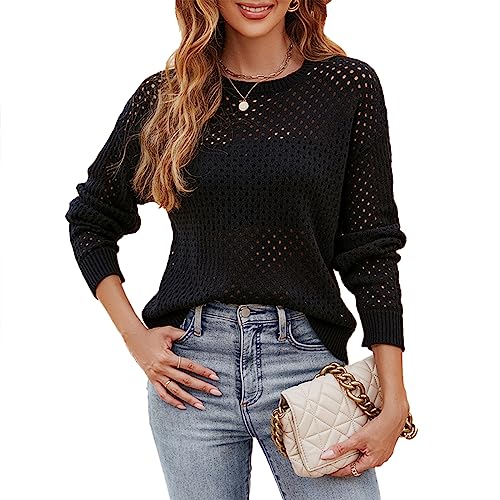 Felcia Damen Hollow Out Crochet Knit Sweater Casual Langarm Rundhals Pullover Tops Y2K Streetwear, A-schwarz, M von Felcia