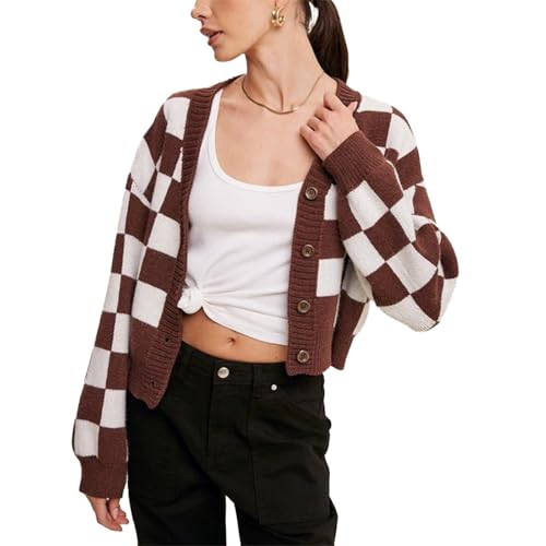 Felcia Damen Kariert Cropped Cardigan V-Ausschnitt Langarm Knopfleiste Strickpullover Herbst Streetwear, A-dunkelbraun, L von Felcia