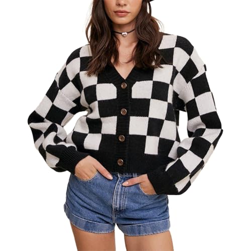 Felcia Damen Kariert Cropped Cardigan V-Ausschnitt Langarm Knopfleiste Strickpullover Herbst Streetwear, A-schwarz, L von Felcia
