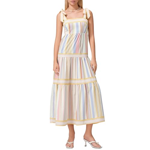 Felcia Damen Krawatte Schulter Langes Kleid Bohemian Ärmellos Gestreift Print A Linie Maxikleid Casual Flowy Strand Sonnenkleider, C-Gelb, L von Felcia