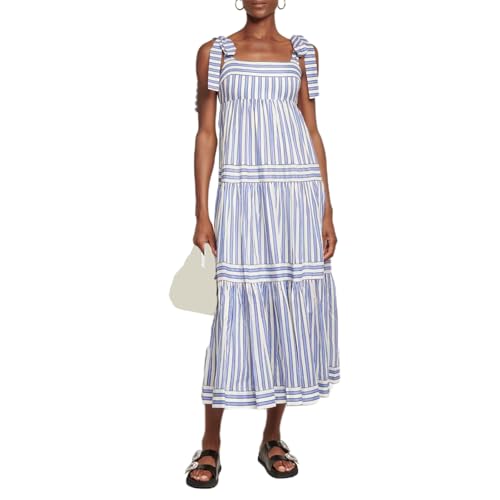 Felcia Damen Krawatte Schulter Langes Kleid Bohemian Ärmellos Gestreift Print A Linie Maxikleid Casual Flowy Strand Sonnenkleider, e-blau, M von Felcia