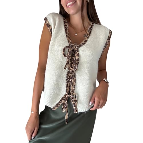 Felcia Damen Leopardenmuster Pullover Weste Ärmellos V-Ausschnitt Tie Up Strick Tank Tops Casual Vielseitige Weste Streetwear, A-apricot, M von Felcia