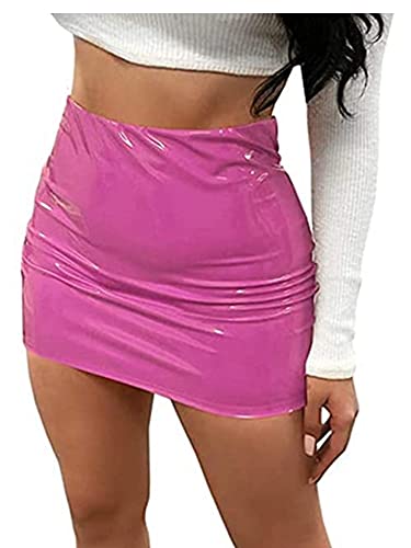 Felcia Damen Neon Reißverschluss hinten Leder Bodycon Mini Röcke Sexy Pailletten Liquid Metallic Wetlook Latex Rock, A-Pink, 36 von Felcia