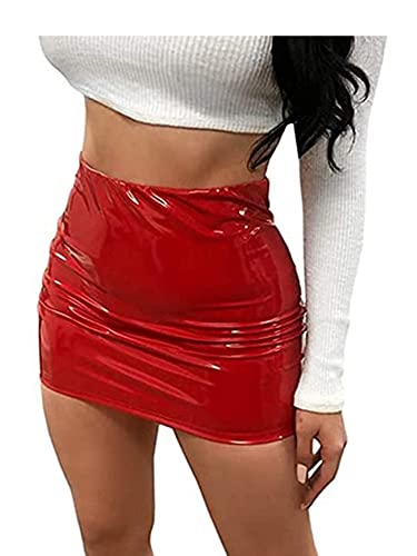 Felcia Damen Neon Reißverschluss hinten Leder Bodycon Mini Röcke Sexy Pailletten Liquid Metallic Wetlook Latex Rock, rot (a), 36 von Felcia