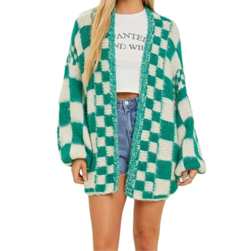 Felcia Damen Oversized Knit Cardigan Plaid Print Langarm Open Front Sweater Casual Loose Jumper Outerwear, B-grün, 38 von Felcia