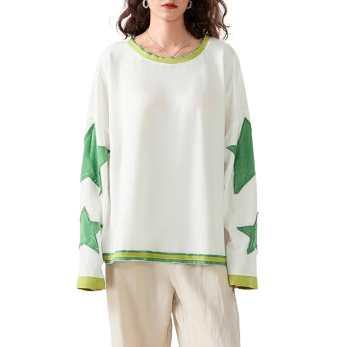 Felcia Damen Oversized Sweatshirts Casual Lose Stern Patch Drop Shoulder Langarm Adrette Tops Ästhetische Kleidung, A-grün, XL von Felcia