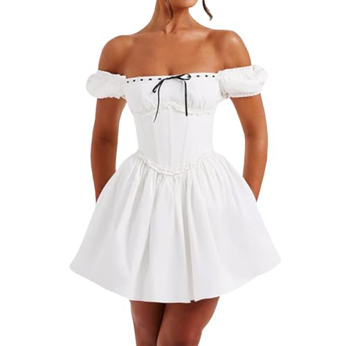 Felcia Damen Retro Fee Spitze Minikleid Sommer Schulterfrei Rückenfrei Korsett A Linie Kleid für Party Cocktail Streetwear, A-multicolor, Small von Felcia
