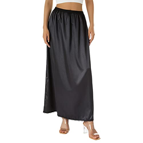 Felcia Damen-Unterrock aus Satin, einfarbig, elastische Taille, Spitzenbesatz, langer Unterrock für Unterkleider, B-schwarz, S von Felcia