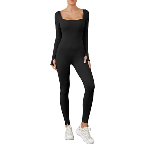 Felcia Damen Sexy Gerippte Yoga Jumpsuits Quadratischer Ausschnitt Langarm Einteiler Strampler Schwarz Bodycon Workout Sport Jumpsuit, A-schwarz, 46 von Felcia