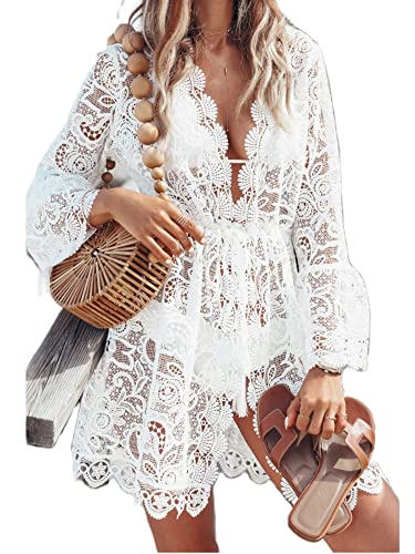 Felcia Damen Sexy Lace Hollow Crochet Bikini Cover-ups Blumendruck Strickjacke Boho Beach Poncho Kleid (A-White, Large) von Felcia