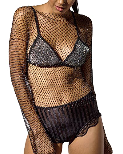 Felcia Damen Sexy Mesh Tops Einfarbig Strass Rundhals Langarm Durchsichtig Ausschnitt Tops für Club Party, A-black, Large von Felcia