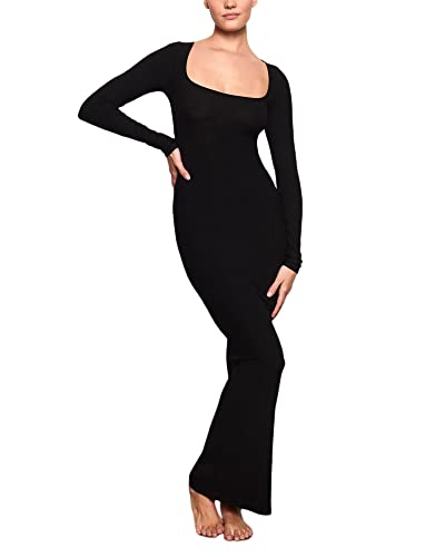 Felcia Damen Sexy figurbetontes Kleid Langarm Einfarbig Quadratischer Ausschnitt Kleid für Cocktail Club Party, Schwarz , Medium von Felcia